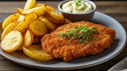 Canvas Print -  Delicious meal of fried fish and chips with a side of creamy sauce