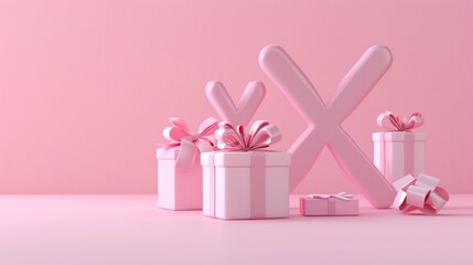 Wall Mural - Pink Gift Boxes with X Letter on Pink Background