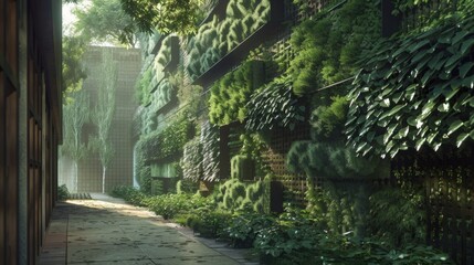 Poster - A narrow pathway runs between a building covered in a lush green wall and a row of trees, leading to a small courtyard space.