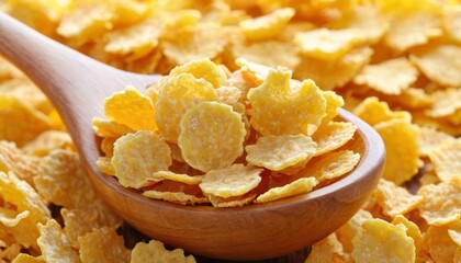 Poster -  A spoonful of sunshine  Golden cereal flakes in a wooden bowl