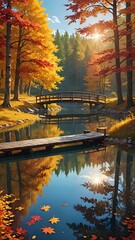 Wall Mural - A serene autumn landscape with colorful fall leaves, a calm lake reflecting the vibrant trees, a wooden bridge crossing over the lake, warm sunlight filtering through the foliage, digital art 