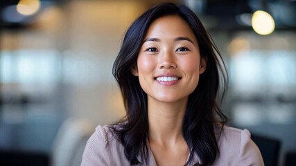 Wall Mural - Tracking a beautiful young female Asian businesswoman smiling during a meeting in a modern office.