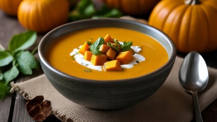 Canvas Print -  Autumns bounty in a bowla cozy pumpkin soup