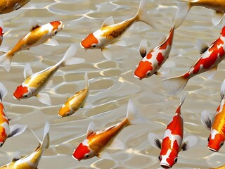 Wall Mural - A serene and divine minimalist photography captures a school of gold koi fish gliding effortlessly through the shimmering golden water, evoking a sense of tranquility and harmony Generative AI