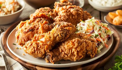 Wall Mural - Crispy fried chicken with coleslaw salad on a plate