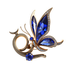 A sapphire brooch, vintage style, featuring a butterfly design, isolated transparent background