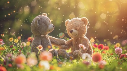 Canvas Print - Two Teddy Bears Sitting in a Field of Flowers