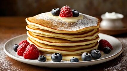 Wall Mural -  Deliciously stacked pancakes with fresh berries and powdered sugar