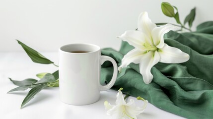 Canvas Print - White Mug with Lilies and Green Fabric