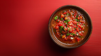 A bowl of vibrant salsa made with chopped tomatoes, herbs, and spices against a textured red background.