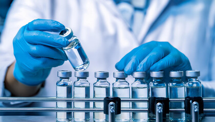 Sanitary gloves protect the hand inspecting medical vials on the production line at a pharmaceutical factory, where machines ensure the efficient production and filling of pharmaceutical glass bottles