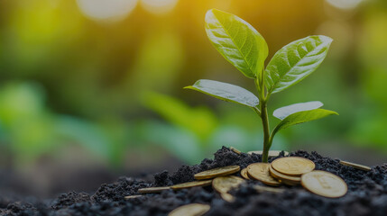 Wall Mural - Plant Growing on Coins Symbolizing Financial Growth and Investment