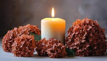 Sticker -  Warm and cozy ambiance with a flickering candle and autumn leaves