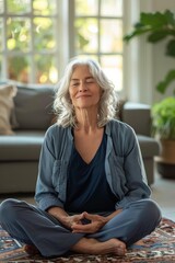 Wall Mural - A woman meditating with her eyes closed and a peaceful expression. AI.