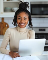 Poster - A woman smiles while working on her laptop. AI.