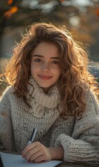 Poster - A woman with curly hair smiles while writing in a notebook. AI.