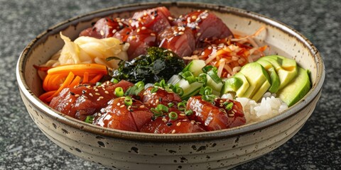 Wall Mural - Delicious Hawaiian Poke Bowl with Fresh Tuna, Avocado, Seaweed, and Rice in a Rustic Ceramic Bowl on Granite Countertop