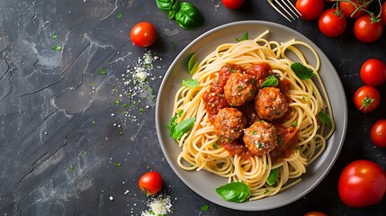 Wall Mural - Spaghetti with meatballs and tomato sauce on a white plate