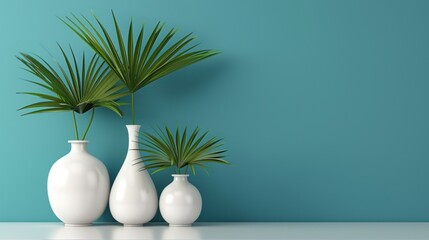 Canvas Print - White Vases with Green Plants Against a Teal Wall