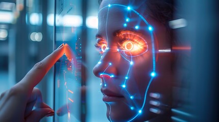 A close-up of a person using a facial recognition scanner at an advanced security checkpoint, with a clear digital display and a high-tech, sleek design, under bright lighting.