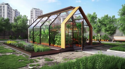 Poster - A modern greenhouse with a wooden frame and glass panels is nestled in a city backyard with a wooden fence and lawn.