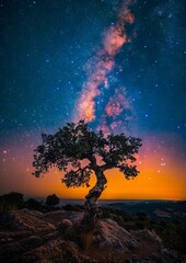 Wall Mural - A lone tree on top of a hill under a starry sky