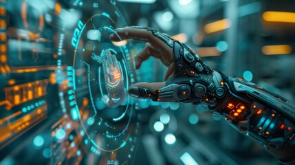 A futuristic robotic hand interacts with an advanced digital interface in a high-tech environment.