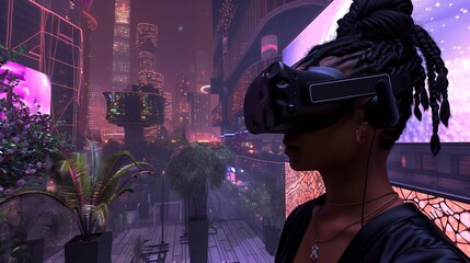 Wall Mural - Woman Experiencing Virtual Reality in a Futuristic Cityscape