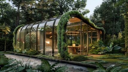 Poster - A modern, glass house with a green roof is nestled in a dense forest setting. The house has large windows that offer a view of the lush foliage surrounding it.