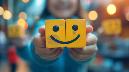 A close-up of two yellow blocks with a smiley face, held by someone against a bokeh-style background with colorful lights.