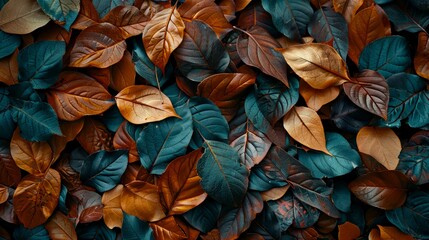 A pile of brown and blue leaves on a wall