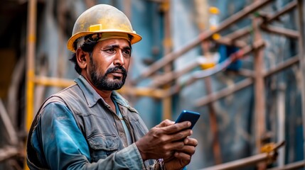 Bearded Indian Construction Worker Using Smartphone at Job Site