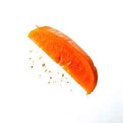 Poster - A vibrant orange slice levitates against a clean white background, with tiny splashes of juice erupting from its surface.