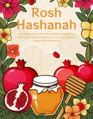 Canvas Print - Rosh Hashanah Poster Design with traditional symbols. Jewish New Year holiday