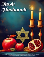 Canvas Print - Rosh Hashanah Poster Design with traditional symbols. Jewish New Year holiday