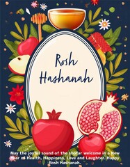 Canvas Print - Rosh Hashanah Poster Design with traditional symbols. Jewish New Year holiday