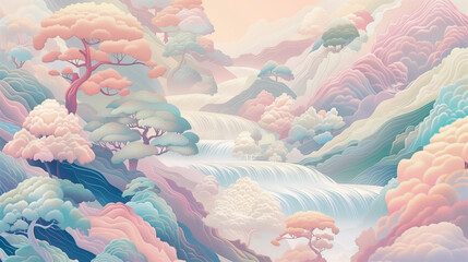 Sticker - there is a painting of a waterfall and trees in the mountains