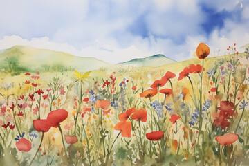 there is a painting of a field of flowers with a sky background