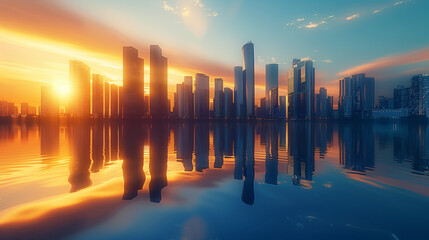 Sticker - arafficial photograph of a city skyline with a lake in the foreground