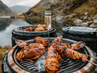 Sticker - there are many lobsters on a grill with a glass of wine