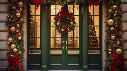 Sticker - a close up of a green door with christmas decorations on it