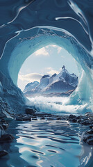 Sticker - there is a large ice cave with a mountain in the background