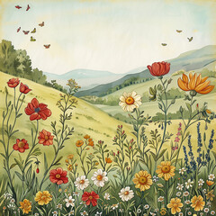 Wall Mural - there is a painting of a field with flowers and butterflies