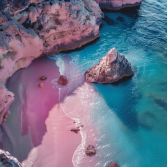 Sticker - there is a pink beach with a pink sand and blue water