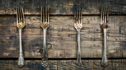 Sticker - Three vintage silver forks on wooden background top view rusty and old