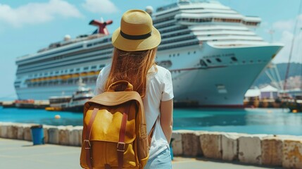 Wall Mural - A tourist young woman with a hat and backpack looking at a cruise ship in port, back view. Travel concept for young people traveling on vacation. copy space for text.