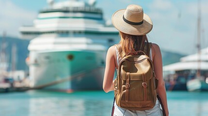 Wall Mural - A tourist young woman with a hat and backpack looking at a cruise ship in port, back view. Travel concept for young people traveling on vacation. copy space for text.