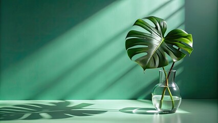 Monstera leaf in a clear glass vase with green shadows , monstera, leaf, plant, tropical, vase, glass, shadow, green, decor