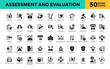 © Gravisio - Assessment and Evaluation icon set with evaluation, analysis, testing, appraisal, examination, measurement, review, judgement, diagnosis, audit. Simple glyph vector