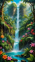 Wall Mural - A majestic waterfall in a lush rainforest, surrounded by vibrant vegetation and colorful flowers, heroic art 